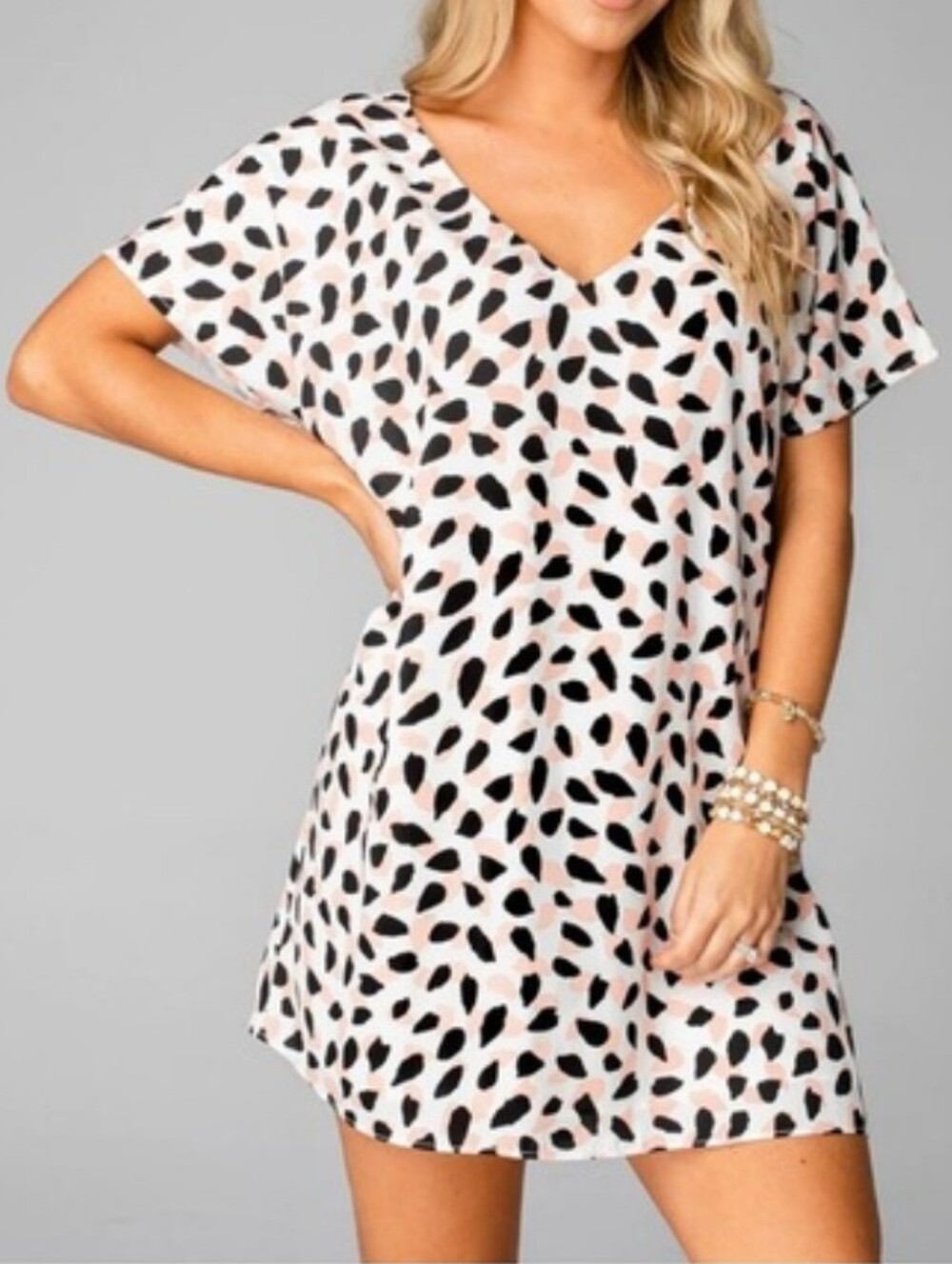 Buddy Love Baker Shift Tunic Dress In Flamingo V Neck Black Peach
